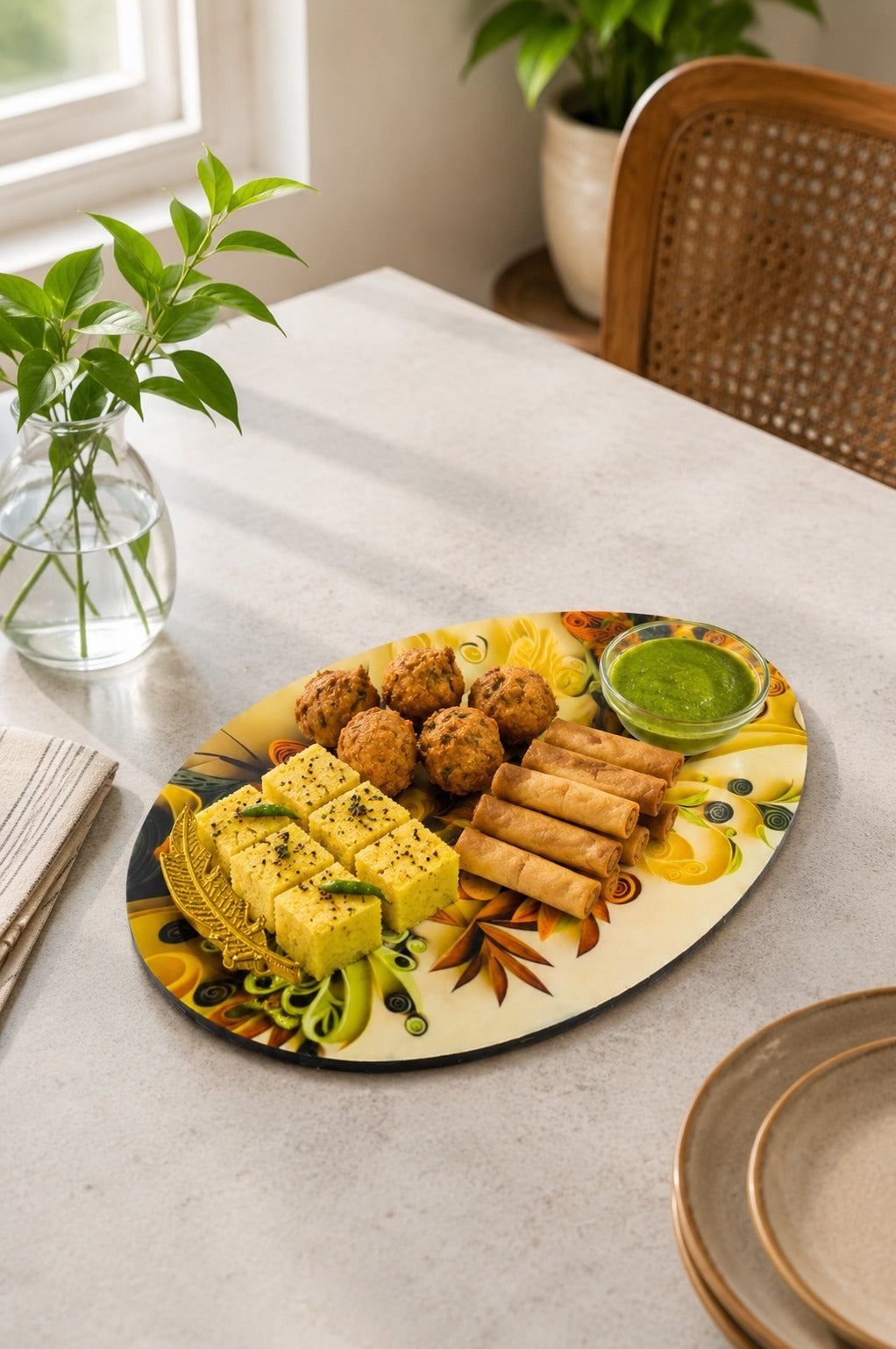 Premium MDF Snack Serving Platter with 2 Glass Dip Bowls | Decorative Serving Tray with Gold Feather Handles | Multipurpose Food Serving Board for Samosa, Momos, Fries, Nachos, Pizza & Snacks (Copy)
