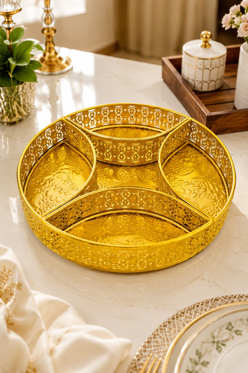 Premium Brass Multi-Compartment Gift Tray | Round Decorative Serving Tray with 4 Sections | Dry Fruit, Sweets, Chocolates, Snacks & Gift Hamper Organizer | Festive Brass Platter