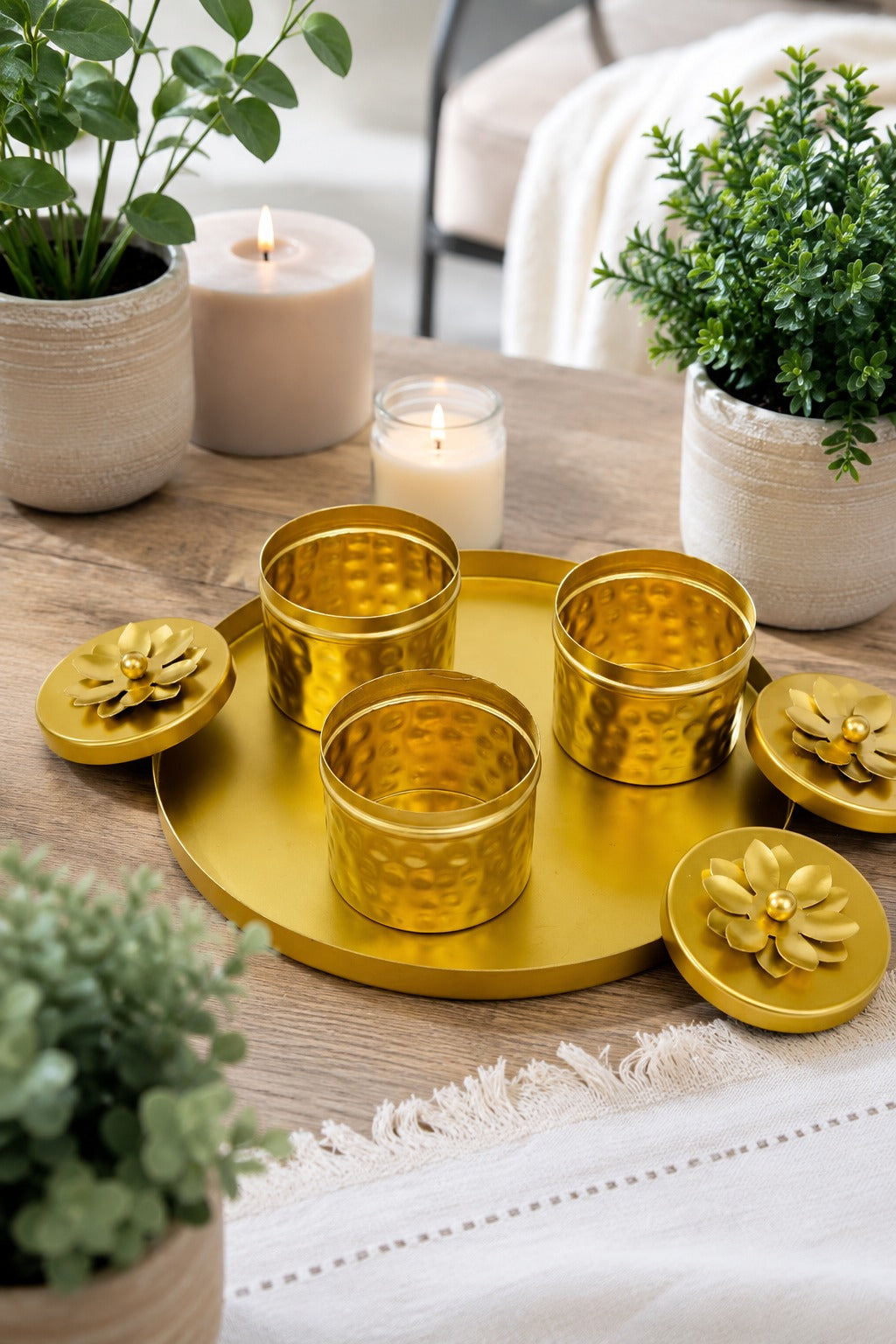 Premium 3 Piece Metal Storage Container Set with Round Serving Tray | Gold Dry Fruit, Mukhwas & Spice Container Set | Decorative Kitchen Organizer for Home, Dining & Gifting