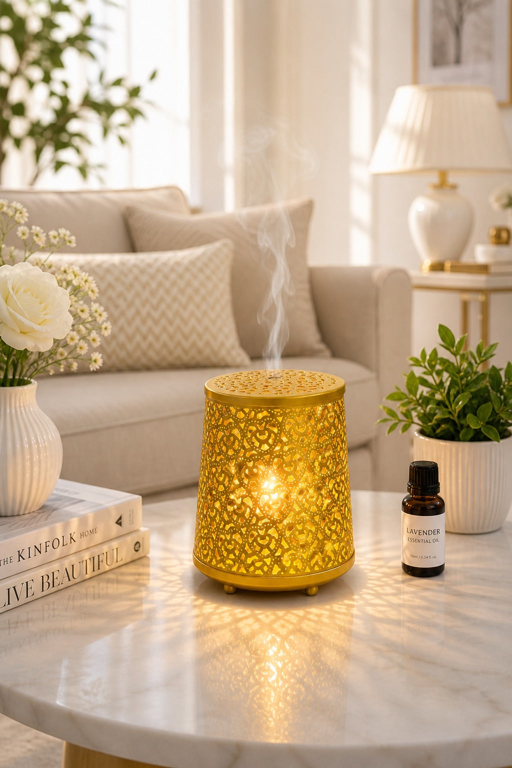 Gold Heart Cutwork Electric Aroma Diffuser Lamp With Dome Design | Essential Oil Burner For Home, Bedroom & Living Room | Includes Free Glass Bowl, 10ml Aroma Oil & 2 Electric Bulbs