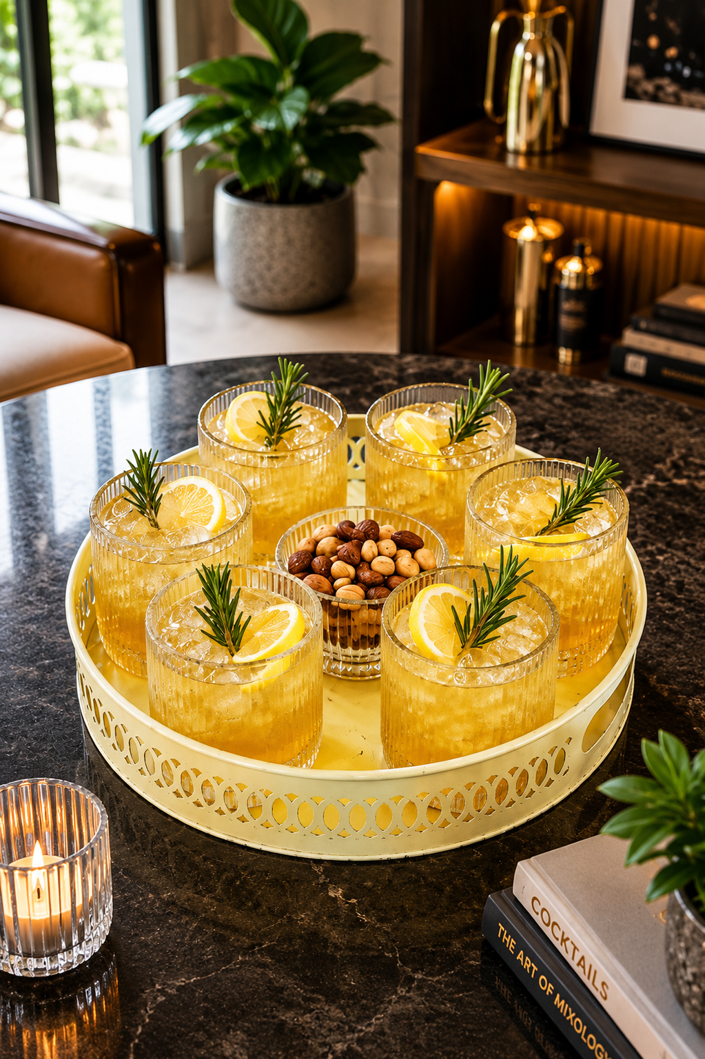 Premium Dancing Glass Serving Set with Round Metal Tray | 6 Self-Balancing Rocking Glasses & 1 Crystal Snack Bowl | Beverage Serving Set for Whisky, Cocktails, Juice, Tea & Home Entertaining
