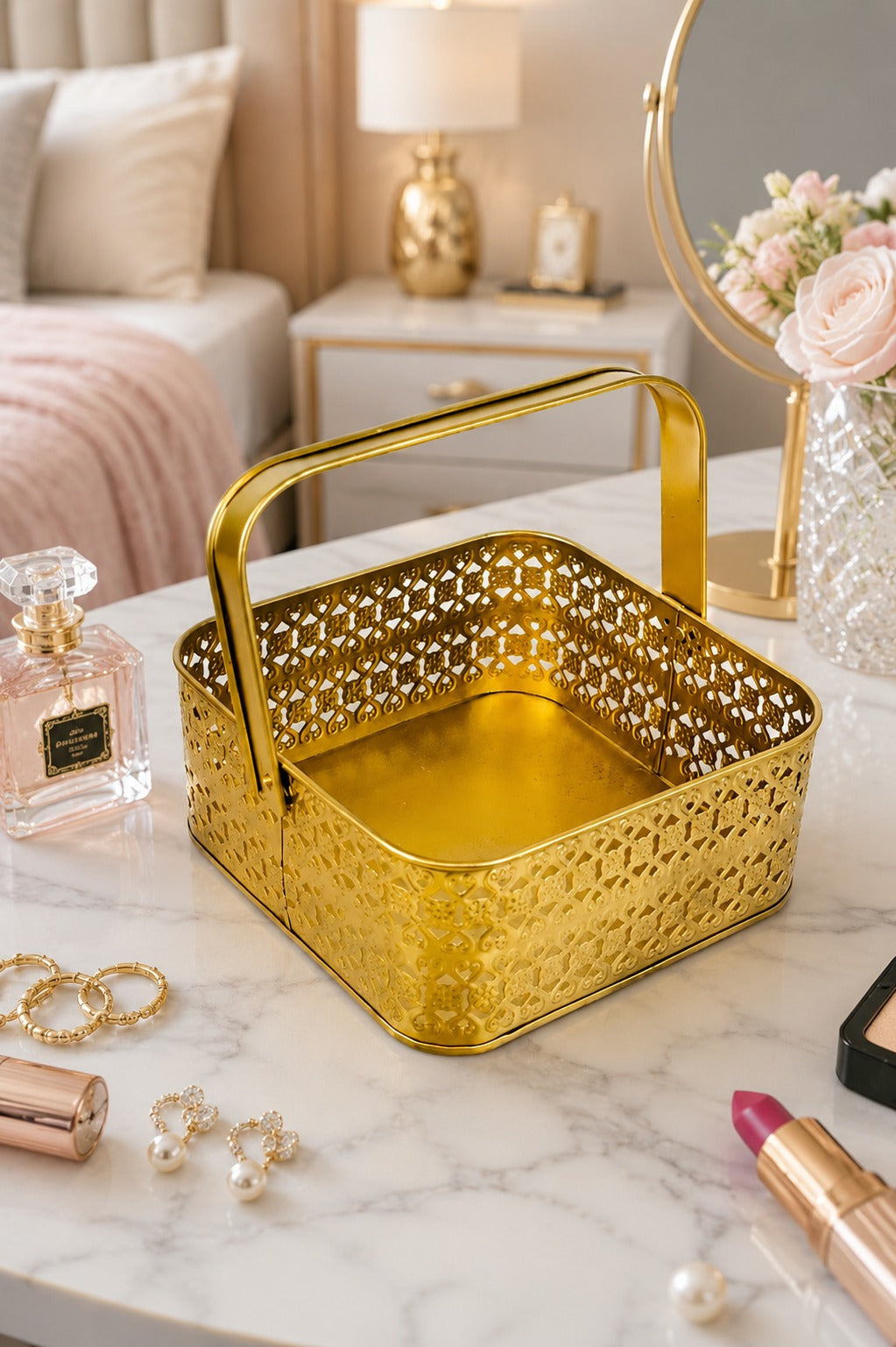 Premium Golden Metal Gift Basket with Handle | Small Decorative Storage Basket | Multipurpose Fruit Basket, Dry Fruit Hamper, Pooja Basket, Vanity Organizer & Home Decor | 21 x 21 x 9 cm