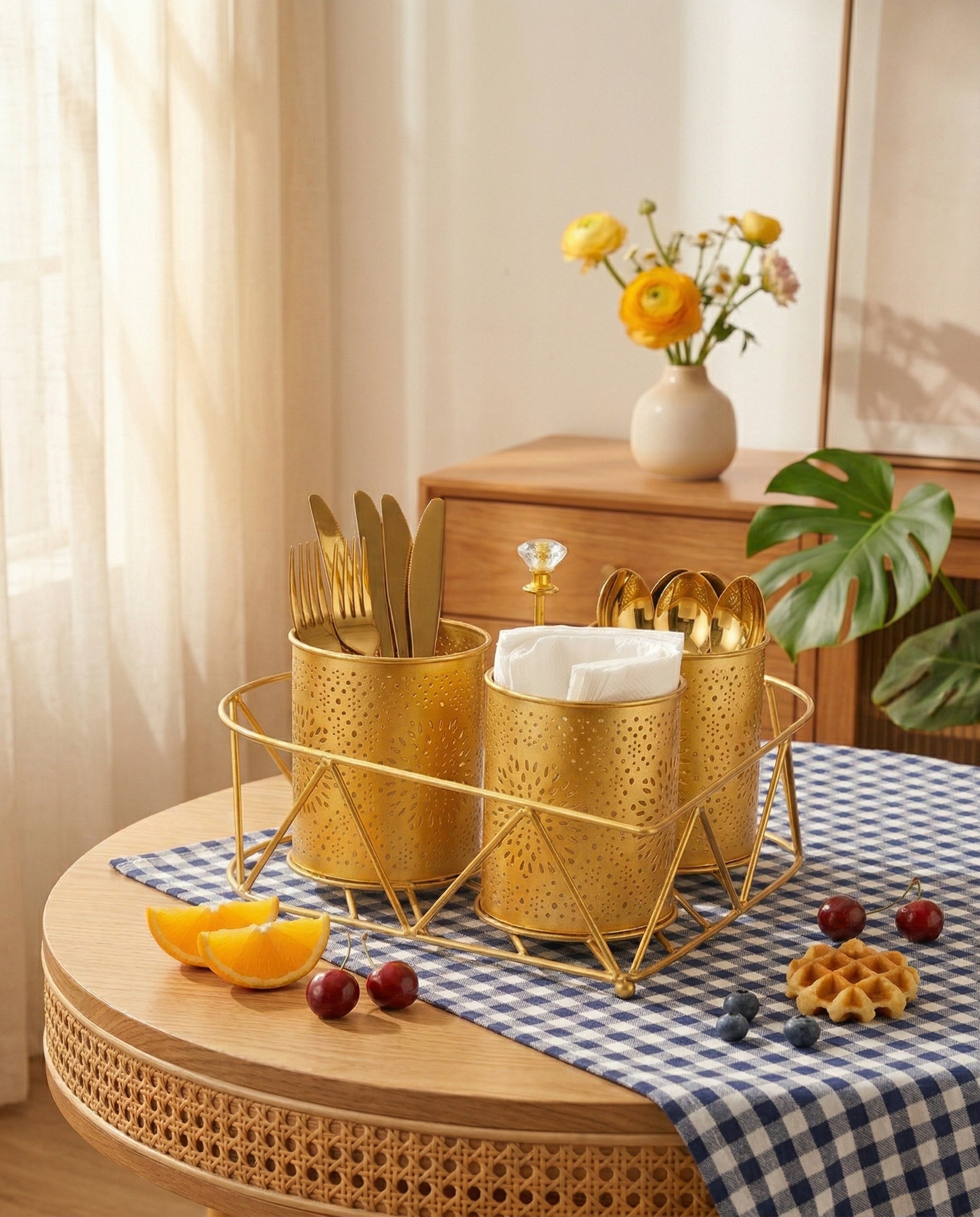 Premium 3-Compartment Metal Cutlery & Napkin Holder | Elegant Gold Finish Galvanized Organizer with Stand | Spoon, Fork, Knife & Tissue Storage for Dining Table & Kitchen Décor
