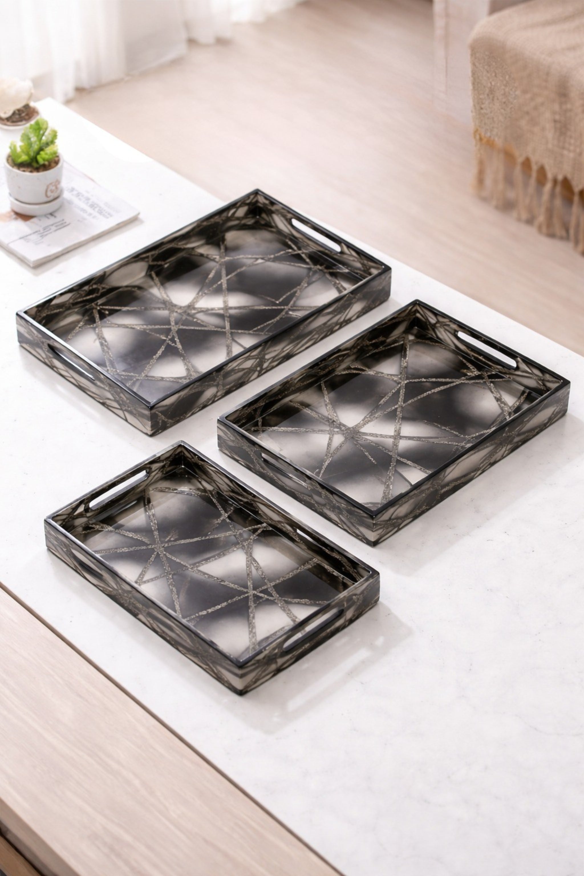 Premium Designer Serving Tray Set of 3 with Cutout Handles | Decorative Wooden Serving Trays for Tea, Coffee, Breakfast, Snacks & Home Décor | Multipurpose Nesting Tray Set for Kitchen, Dining & Coffee Table