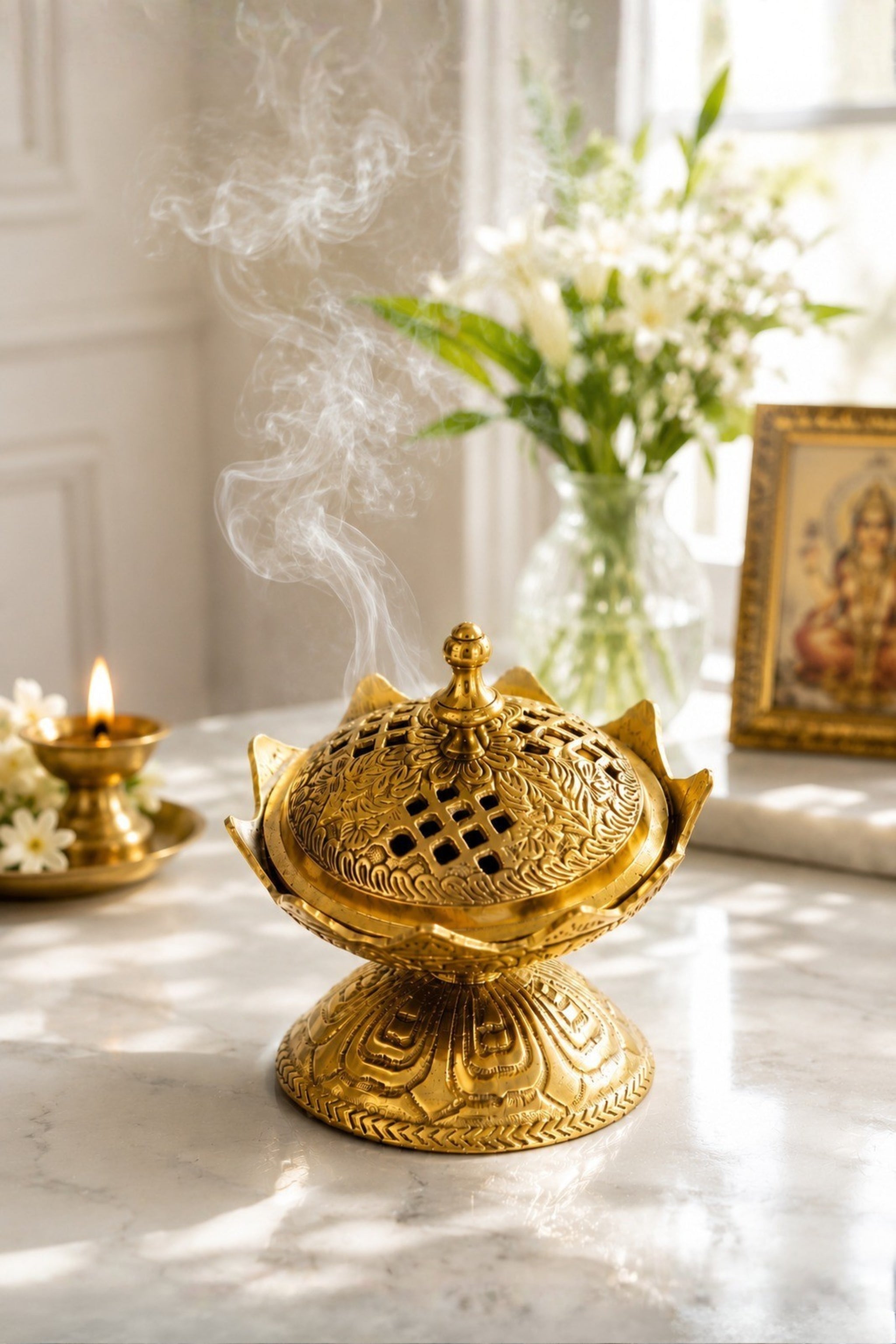 Premium Brass Lotus Loban Burner with Removable Lid | Handcrafted Brass Dhoop Dani for Loban, Sambrani Cups, Bakhoor, Resin Incense & Dhoop | Decorative Incense Burner for Home Temple, Meditation & Gifting