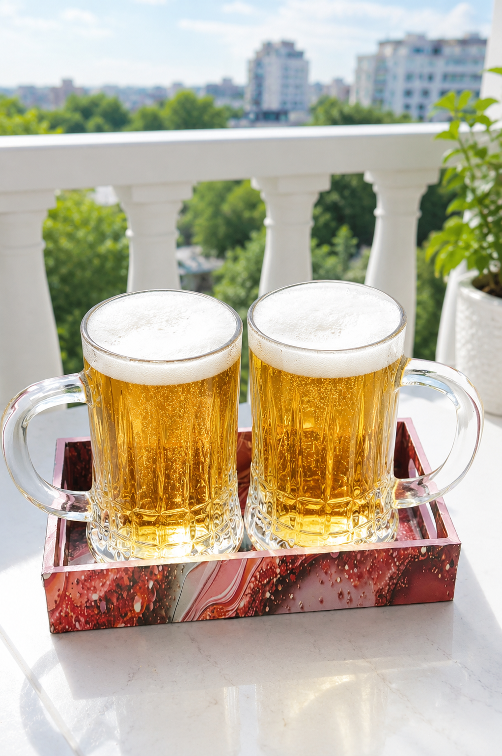 Premium Beer Mug Set with Decorative MDF Serving Tray | 2 Crystal Clear Glass Beer Mugs with Marble Finish Tray | Heavy Handle Beer Glasses for Beer, Juice, Soft Drinks & Home Bar Gift Set