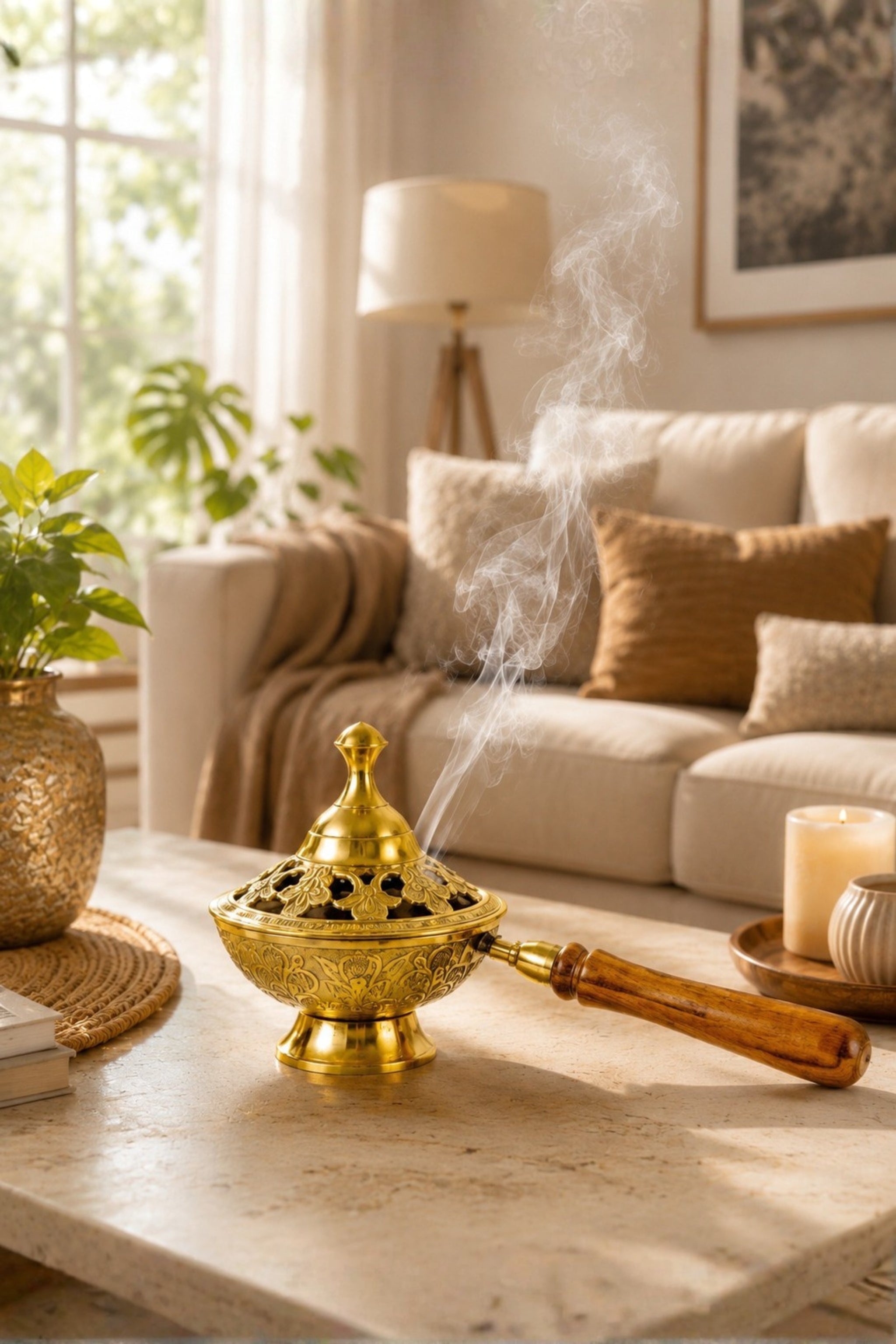 Premium Brass Loban Burner with Wooden Handle | Handcrafted Brass Dhoop Dani for Loban, Sambrani Cups, Bakhoor, Camphor & Resin Incense | Antique Floral Brass Incense Burner for Home Temple, Meditation & Gifting
