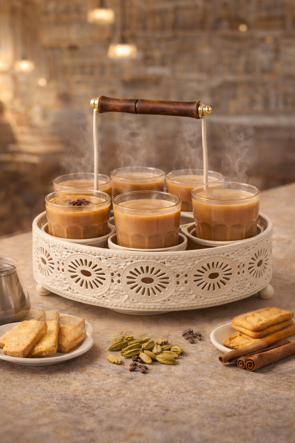Premium Cutting Chai Glass Set of 6 with Metal Stand | Traditional Indian Tea Glasses with Heavy Brown Holder | Tapri Style Chai Cups for Home, Café, Restaurant & Kitchen Use