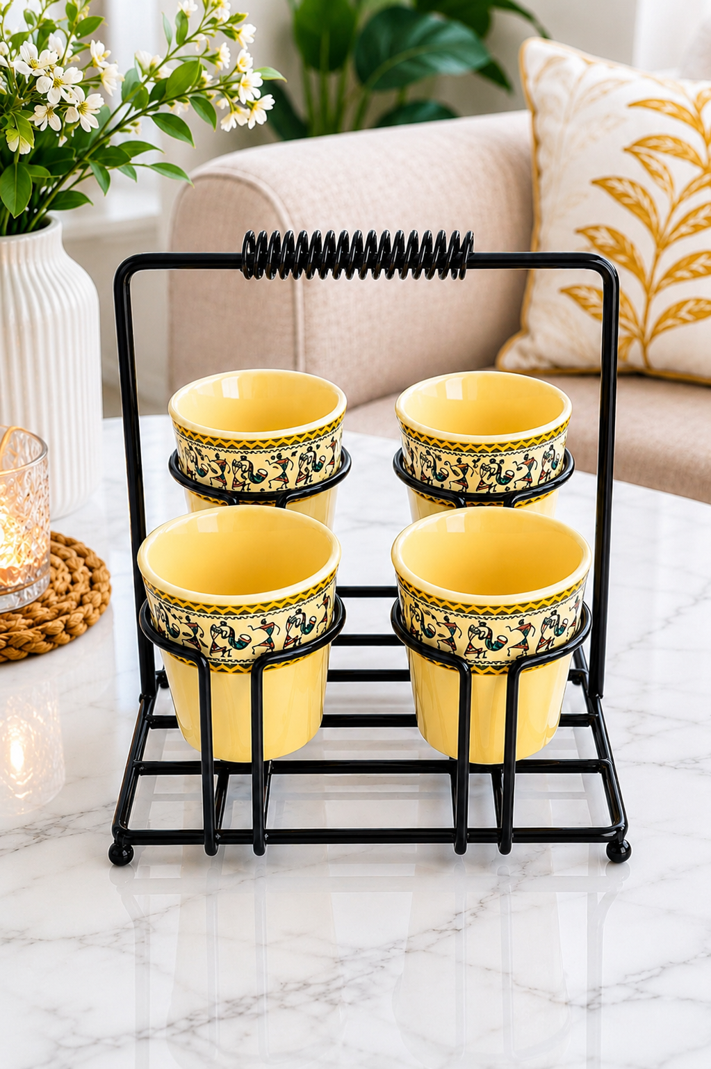 Set of 4 Ceramic Tea Cups with Metal Stand | Traditional Printed Kulhad Style Cups with Portable Holder | Tea Coffee Serving Set for Home Kitchen & Gifting