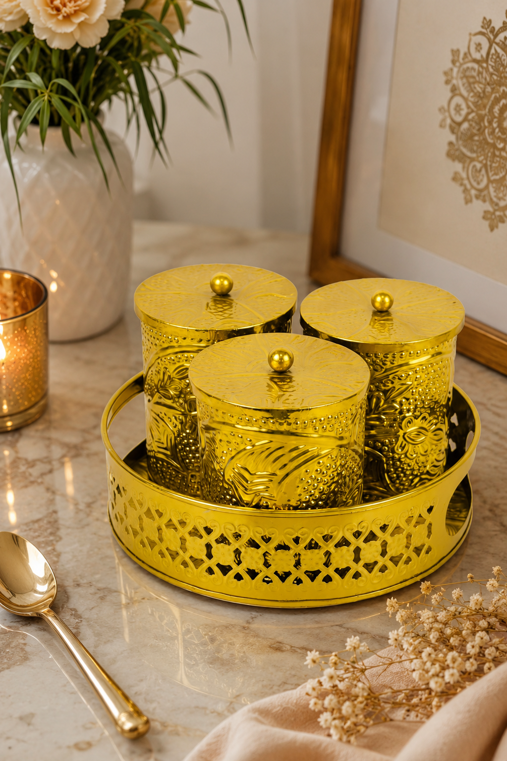 Premium Brass Dry Fruit Container Set with Tray | 3 Storage Jars with Lids | Decorative Brass Serveware | Dry Fruit, Mukhwas, Candy & Spice Organizer | Gift Set