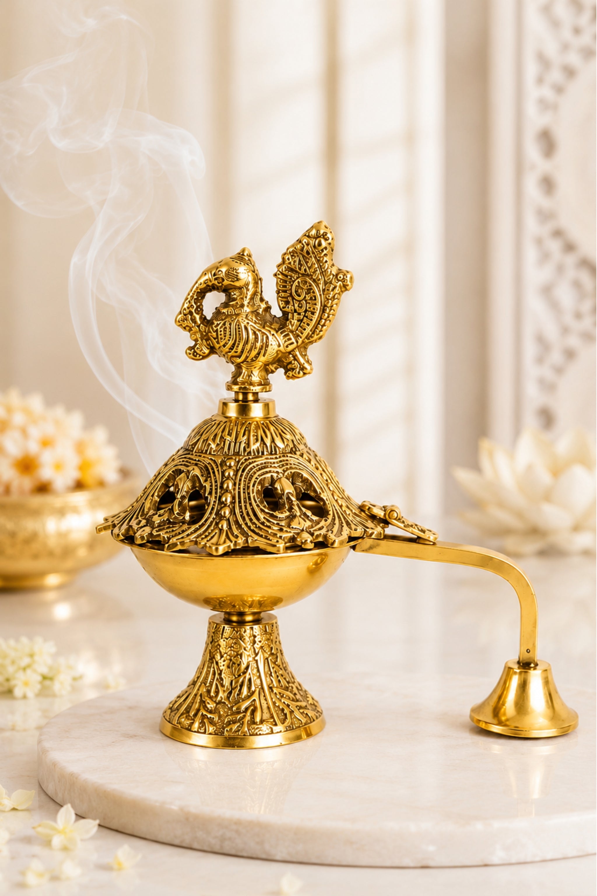 Premium Peacock Brass Incense Burner with Handle | Handcrafted Brass Dhoop Dani for Sambrani, Loban, Dhoop Cups & Resin Incense | Decorative Pooja Dhuni Burner for Home & Temple