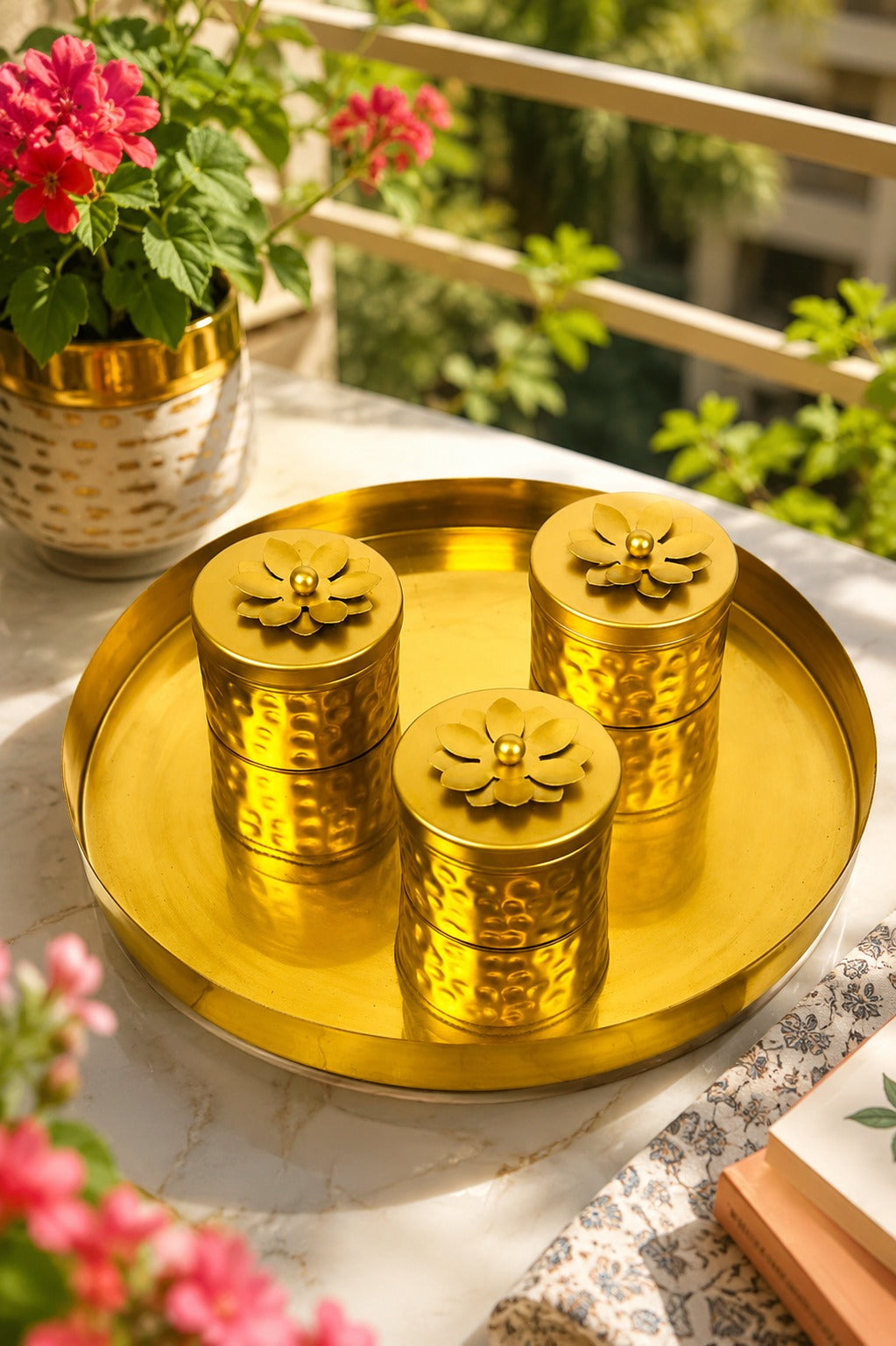 Premium 3 Piece Metal Storage Container Set with Round Serving Tray | Decorative Gold Canister Set for Dry Fruits, Snacks, Mukhwas & Kitchen Storage | Elegant Organizer for Home & Gifting