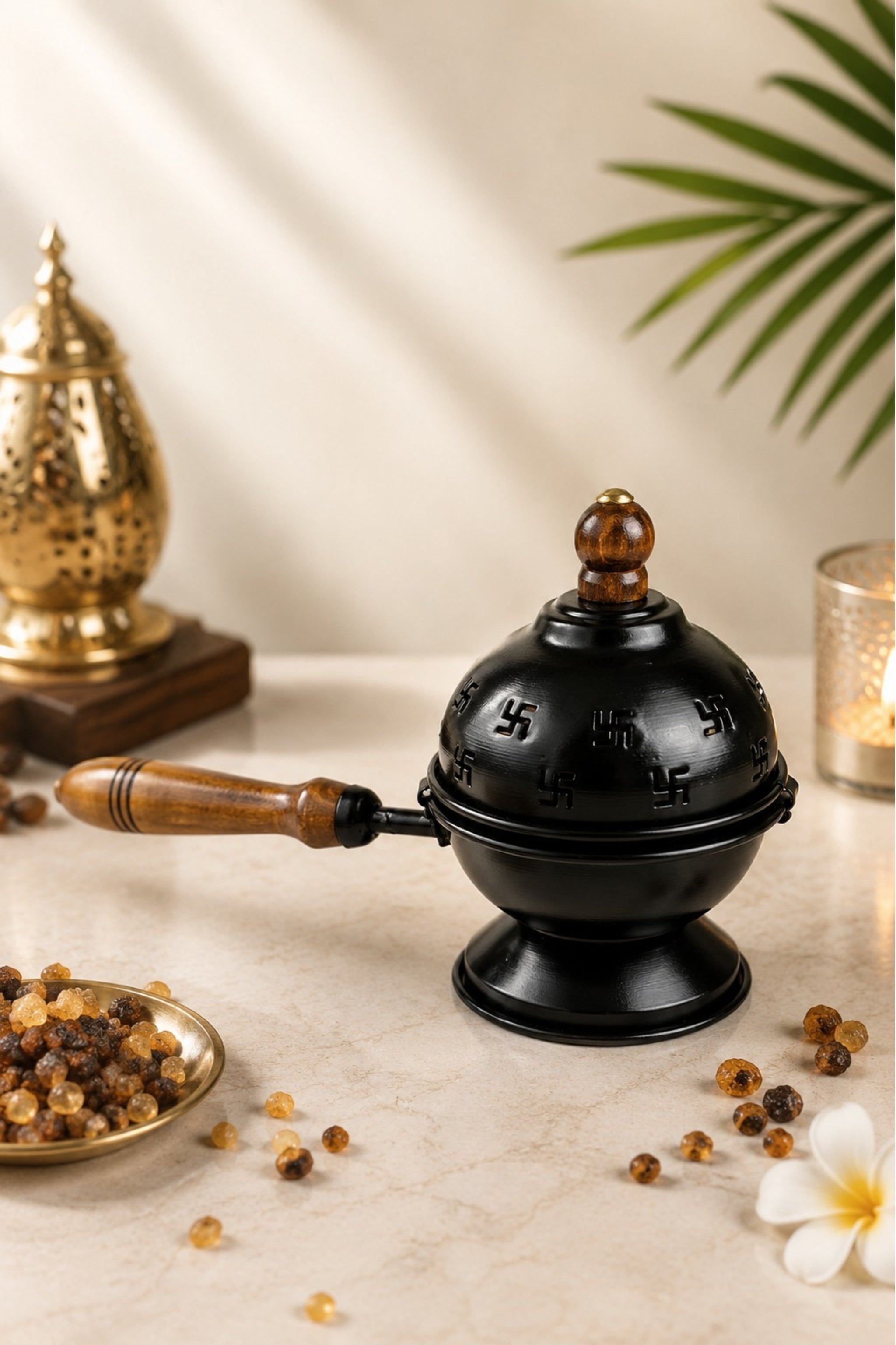 Premium Metal Loban Burner with Wooden Handle & 3 Free Loban Cups | Heat Resistant Incense Burner for Loban, Dhoop, Sambrani Cups, Bakhoor & Camphor | Home Temple, Meditation & Pooja Decor
