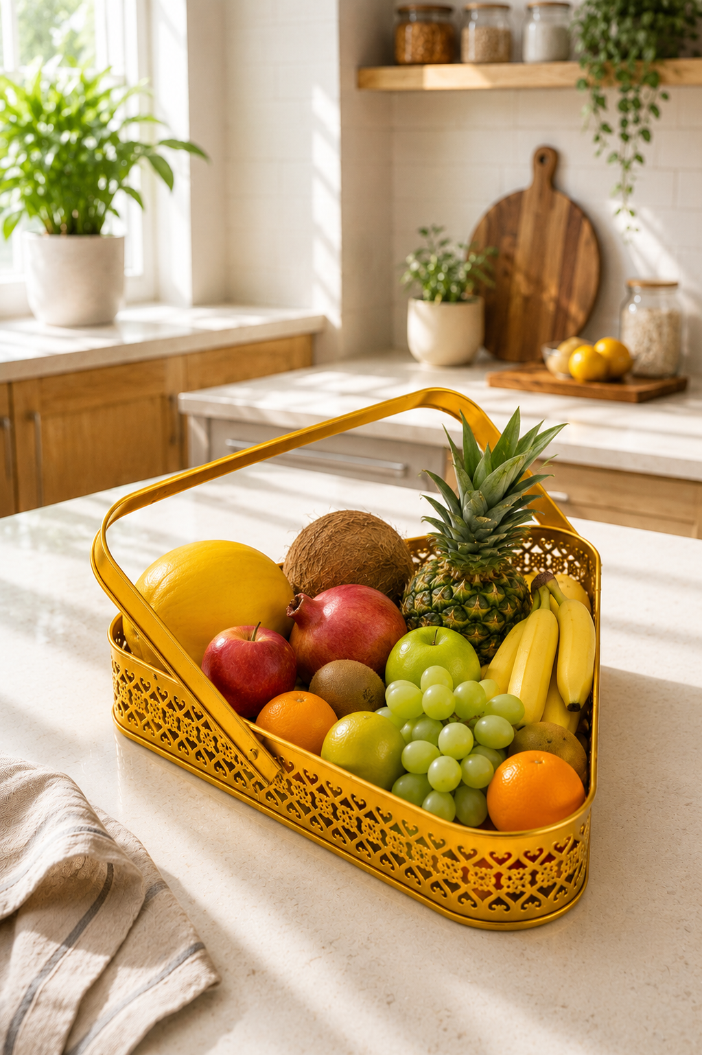 Premium Triangle Metal Basket with Handle (Medium) | Decorative Gold Serving Basket | Gift Hamper Basket | Dry Fruit, Snacks & Organizer Tray | Metal Storage Basket for Home Décor