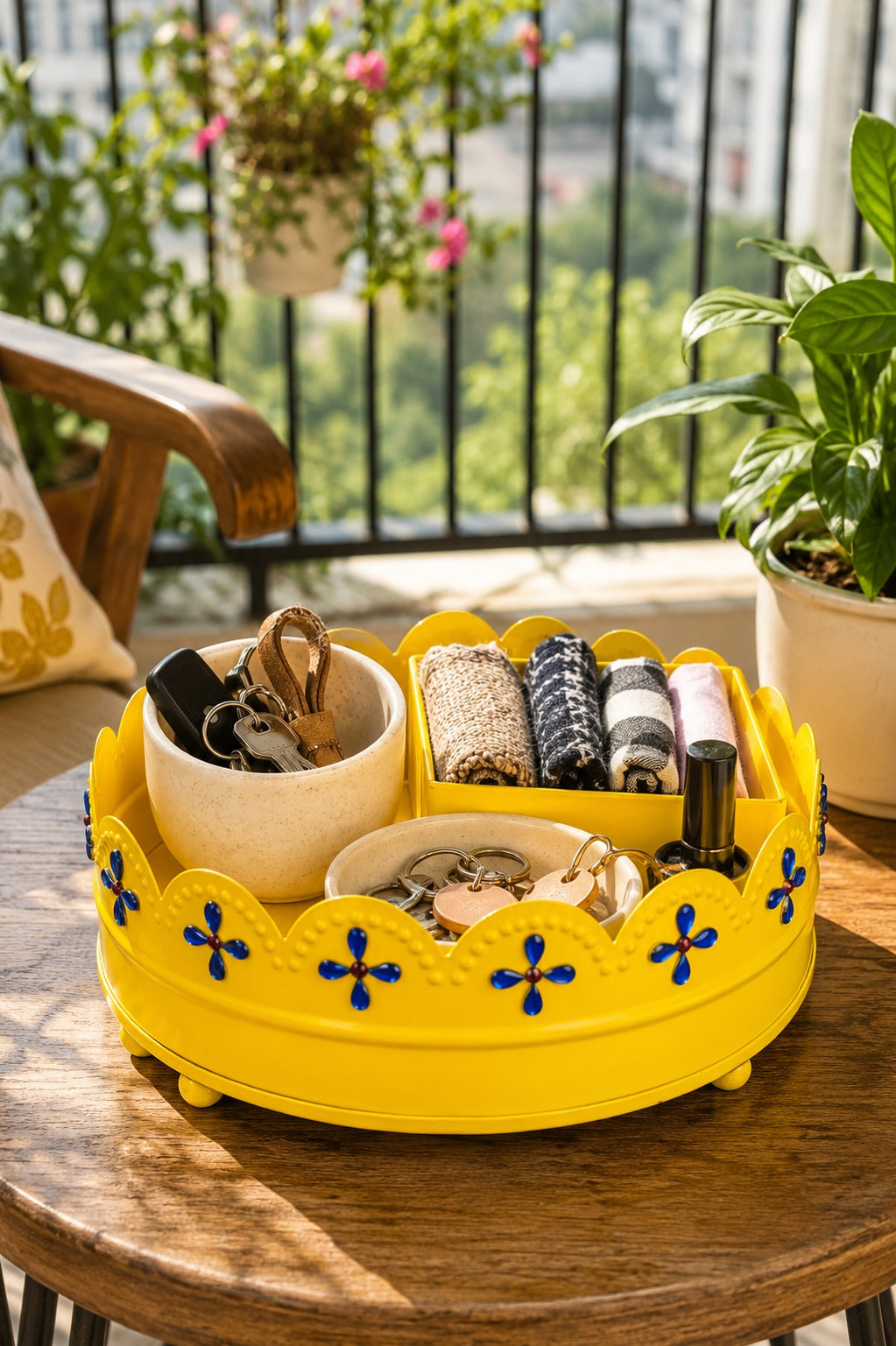 Premium Decorative Metal Round Tray (Yellow) | Yellow Multipurpose Gift Hamper Basket | Floral Serving Tray | Fruit, Cosmetics, Organizer & Home Decor Tray | 19 cm
