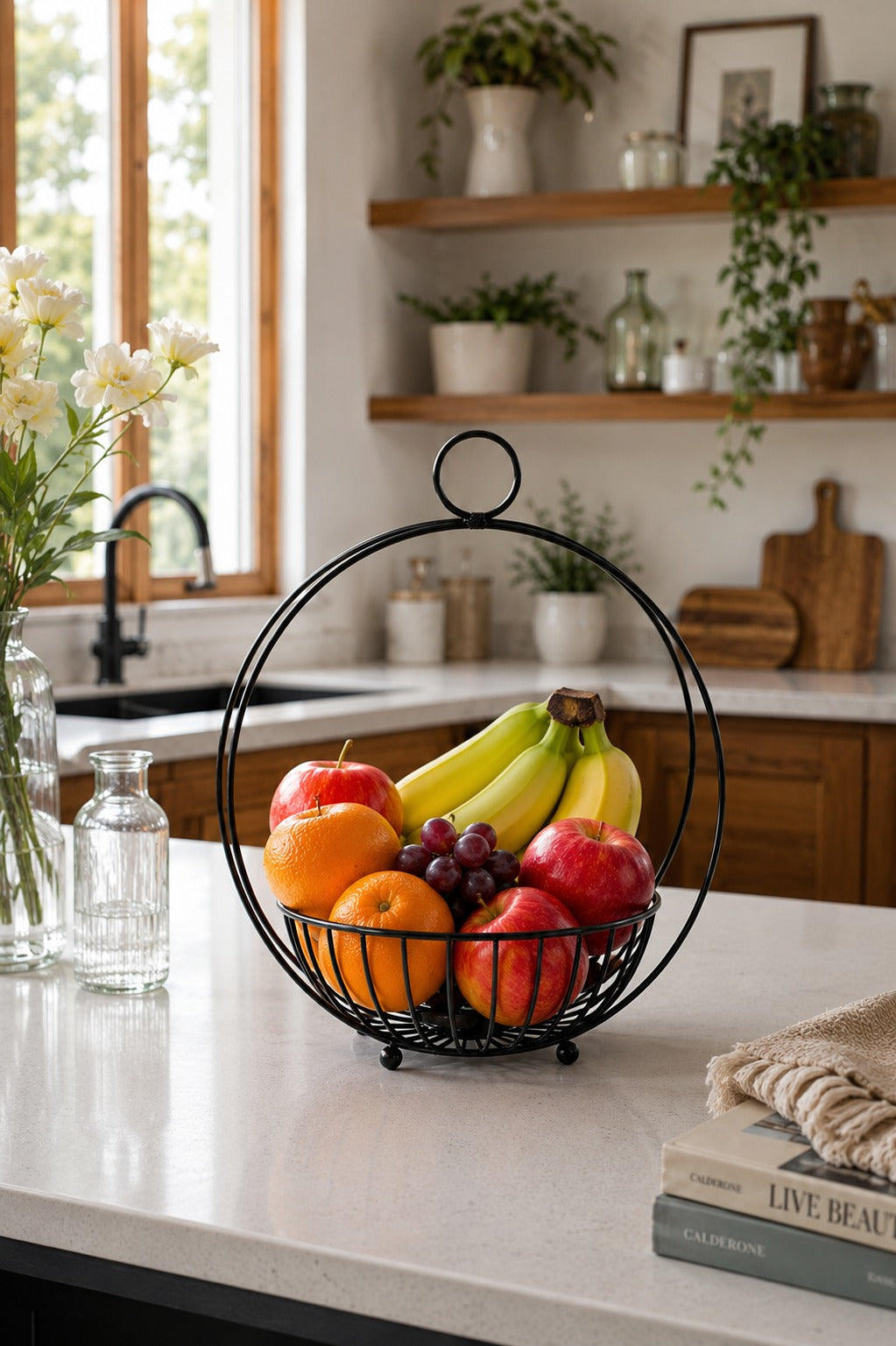Premium Metal Hanging Fruit Basket with Ring Handle | Multipurpose Wire Storage Basket for Fruits, Vegetables, Towels, Plants & Kitchen Organizer | Modern Decorative Countertop Basket for Home & Office