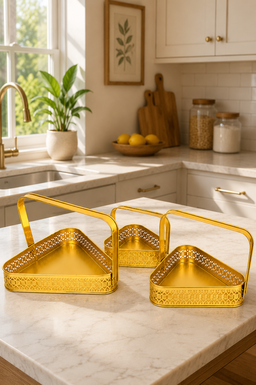 Premium Triangle Metal Basket Set of 3 (Small, Medium & Large) | Gold Metal Gift Hamper Baskets with Handle | Decorative Serving & Organizer Basket Set | Fruit, Dry Fruit & Storage Tray