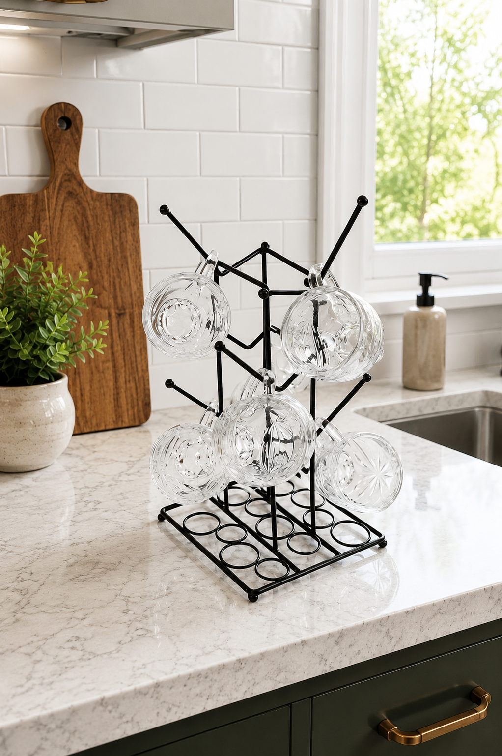 Premium Transparent Glass Cup Set with Metal Stand | 6 Pcs Designer Tea & Coffee Cups | Elegant Clear Glassware with Space-Saving Holder | Modern Drinkware for Home, Kitchen & Gifting