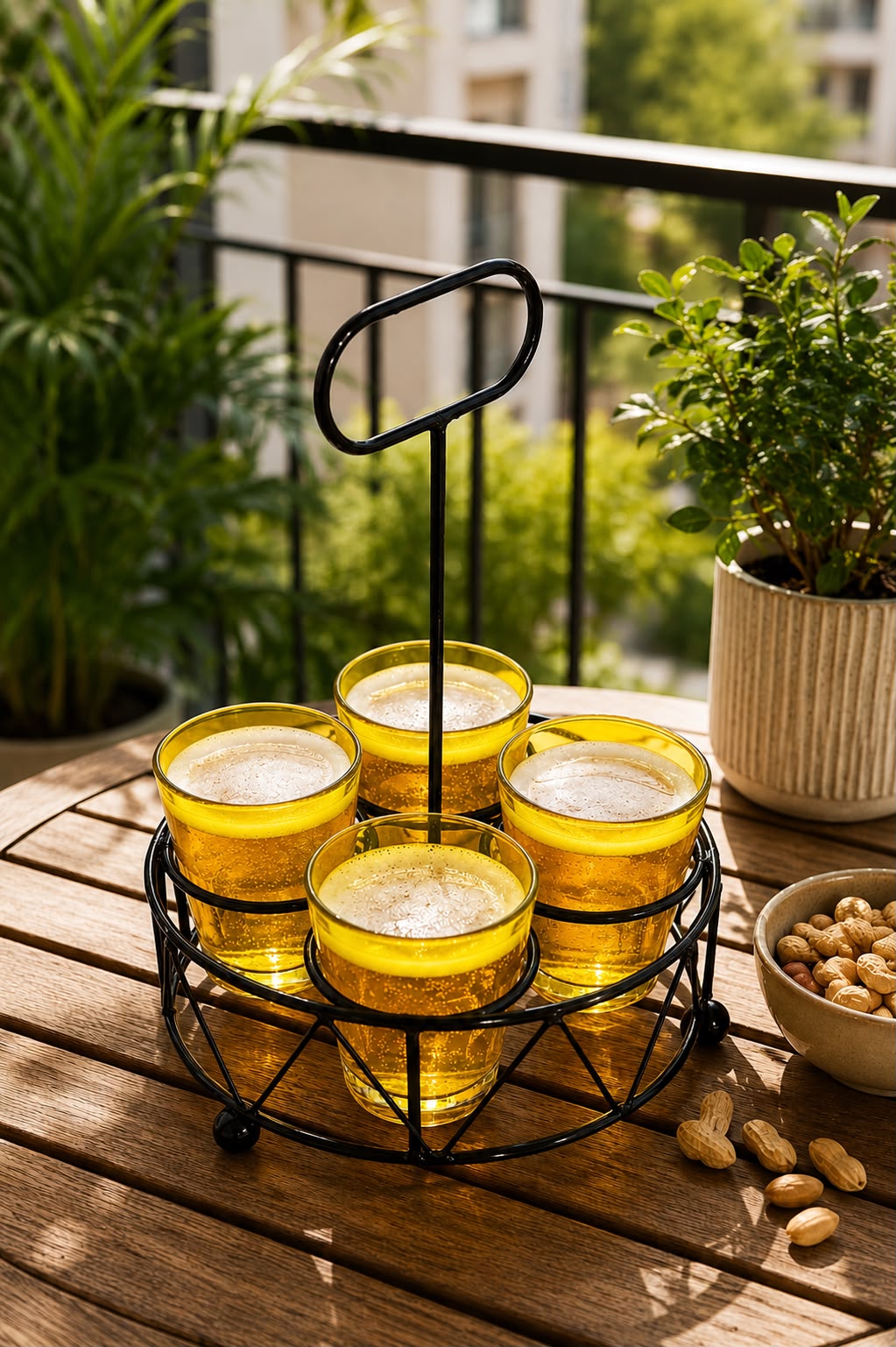 Shot Glass Set Of 4 With Metal Stand | Amber Glass Mini Shot Cups With Round Iron Holder | Dhaba Style Serving Set For Vodka Tequila Whiskey