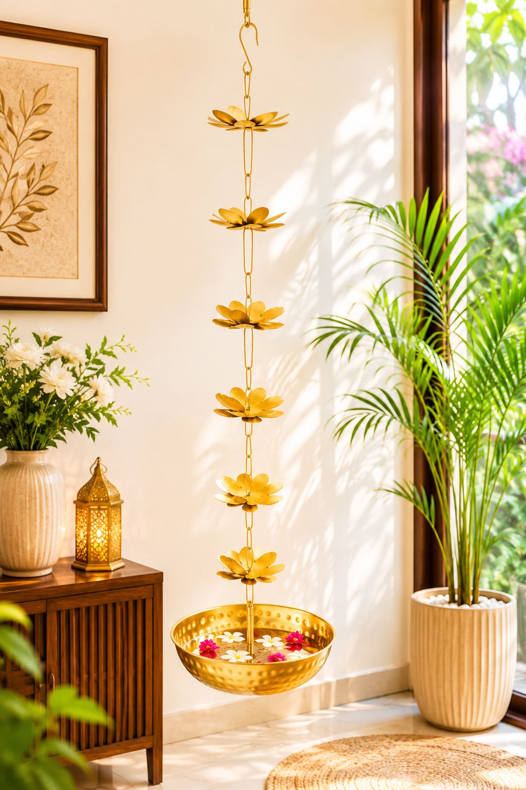 Premium Hanging Lotus Urli Bowl with Decorative Flower Chain | Handcrafted Metal Floating Flower Bowl for Water, Candles & Tea Lights | Hanging Urli for Diwali, Pooja, Wedding & Home Décor