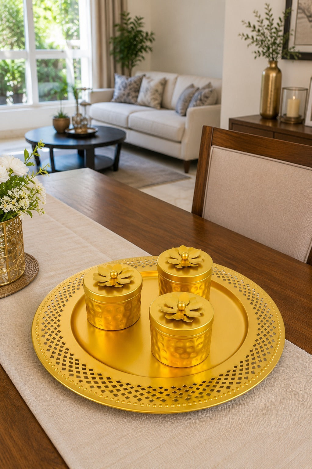 Premium Metal Dry Fruit Serving Tray Set with 3 Containers | Decorative Round Platter with Floral Lid Jars | Multipurpose Snack, Sweet, Mukhwas & Festive Serving Set for Home & Gifting