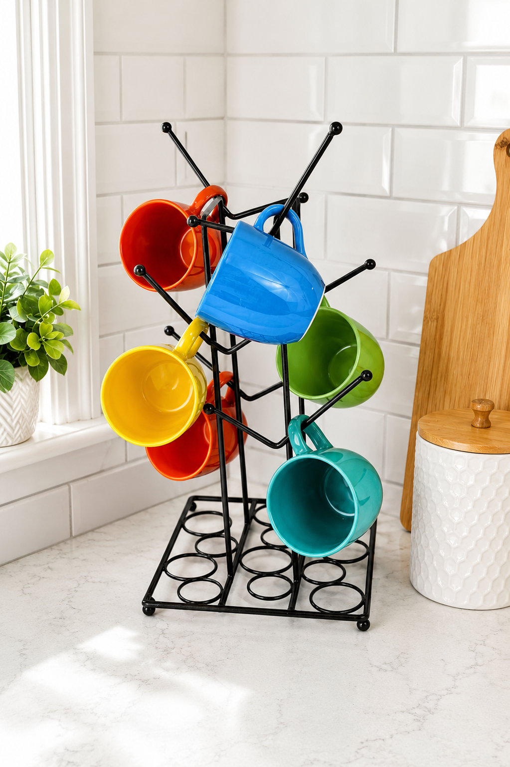 6 Colorful Ceramic Coffee Mug Set with Metal Mug Tree Stand | Space Saving Cup Holder Rack | Tea & Coffee Cups with Durable Metal Stand | Modern Kitchen Counter Organizer | Gift Set for Home & Office