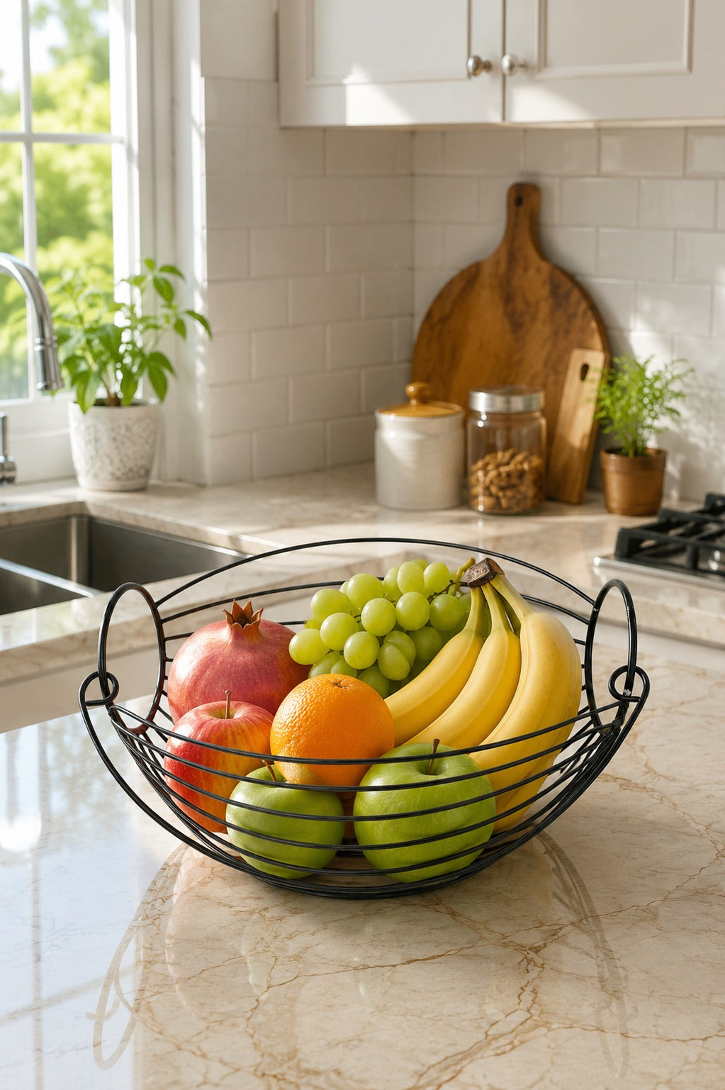 Modern Metal Fruit & Vegetable Basket | Large Round Wire Storage Basket with Handle | Kitchen & Dining Organizer