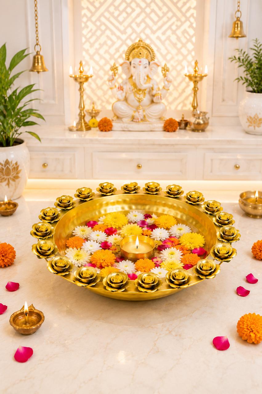 Premium Metal Urli Bowl with Rose Diya Holders | Decorative Floating Flower Urli for Water, Candles & Tea Lights | Traditional Pooja Urli for Diwali, Home Décor, Wedding & Festive Decoration