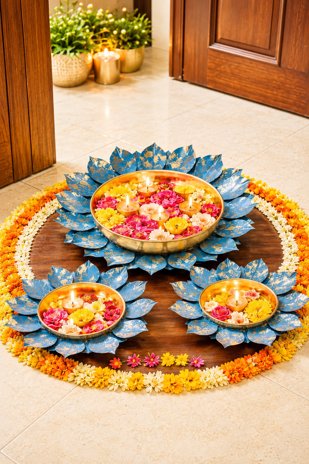Decorative Lotus Metal Urli Bowl Set for Floating Flowers & Candles | Designer Festival & Entrance Decor (Set of 3, Blue & Gold)
