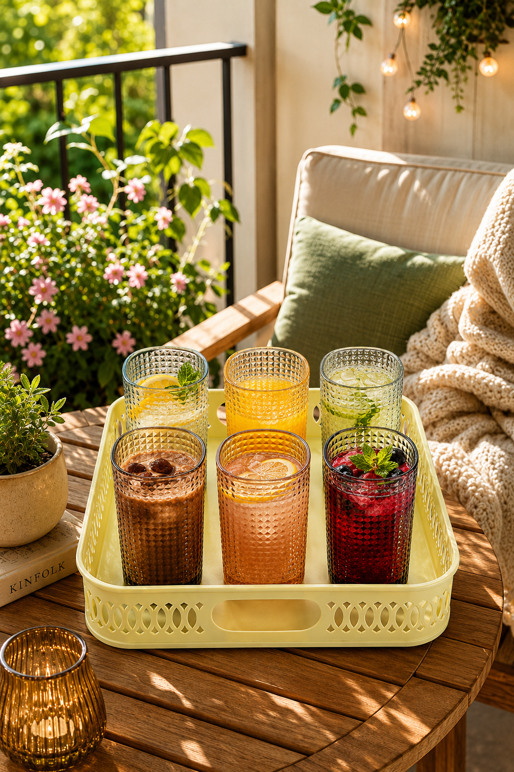Premium Textured Glass Tumbler Set with Metal Serving Tray | 6 Smoke Grey Drinking Glasses & Decorative Metal Tray for Water, Juice, Cocktails, Mocktails & Everyday Serving