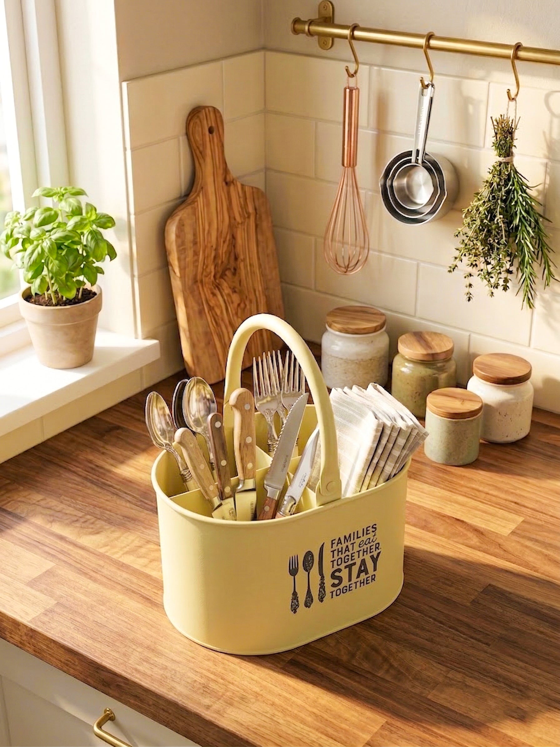 Premium Metal Cutlery Holder with Handle | 4 Compartment Utensil Caddy Basket Organizer | Portable Spoon, Fork, Knife & Napkin Stand for Kitchen, Dining Table & Home Storage