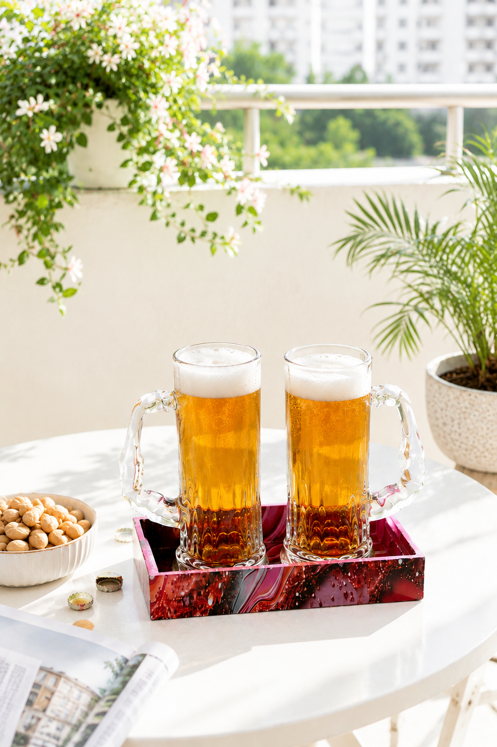 Premium Beer Mug Glass Set with Decorative MDF Serving Tray | 2 Crystal Clear Heavy Beer Mugs with Resin Art Tray | Large Glass Beer Mugs for Beer, Juice, Coffee & Home Bar Gift Set