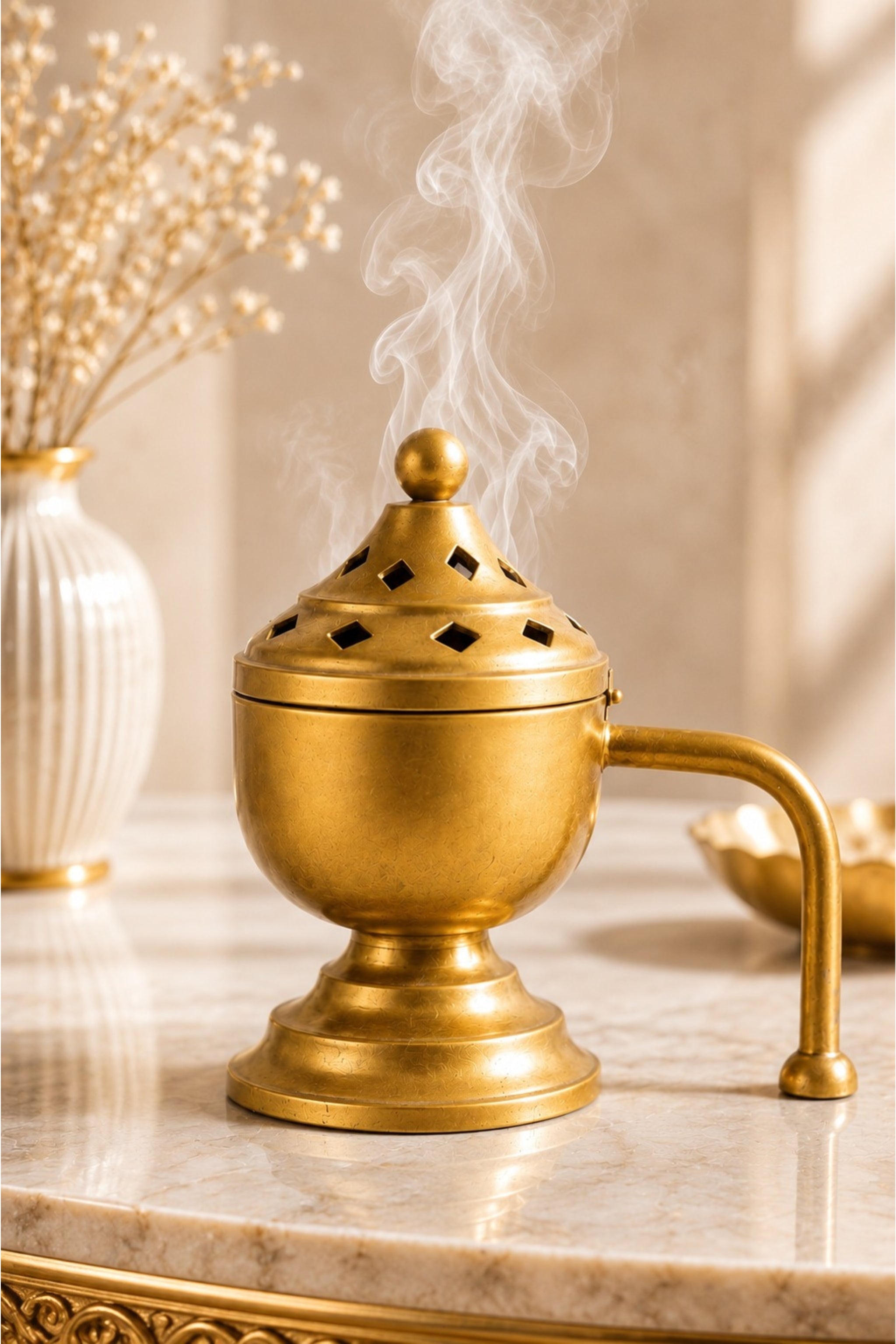 Brass Finish Metal Dhoop Dani with Wooden Handle & Lid for Pooja, Loban & Sambrani Burning | Covered Incense Burner for Home Temple, Havan, Vastu & Premium Festive Gift Item
