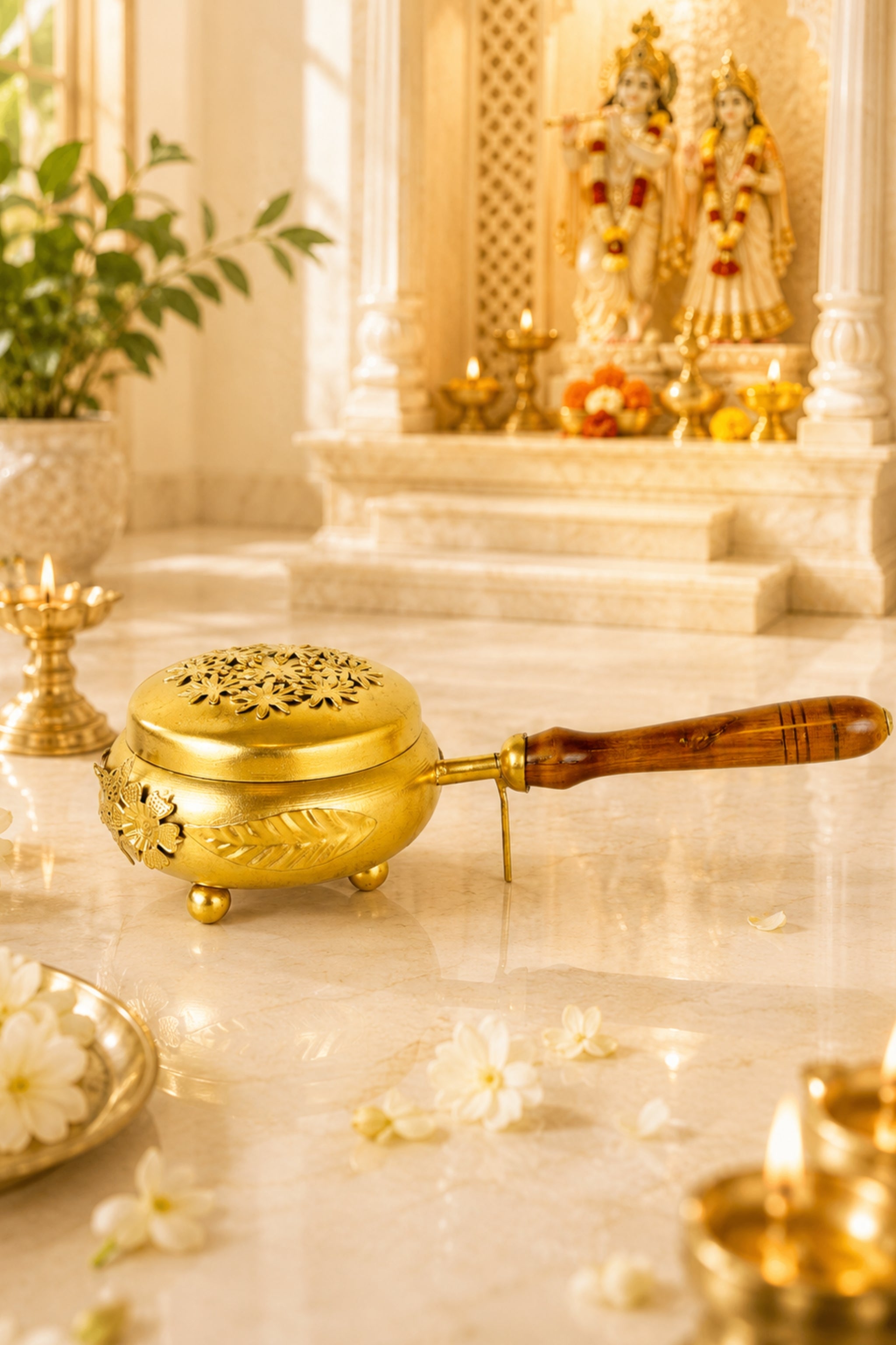 Brass Loban Incense Burner with Wooden Handle | Floral Design Dhoop Dani Dhuni Sambrani Bakhoor Burner | Handheld Incense Holder