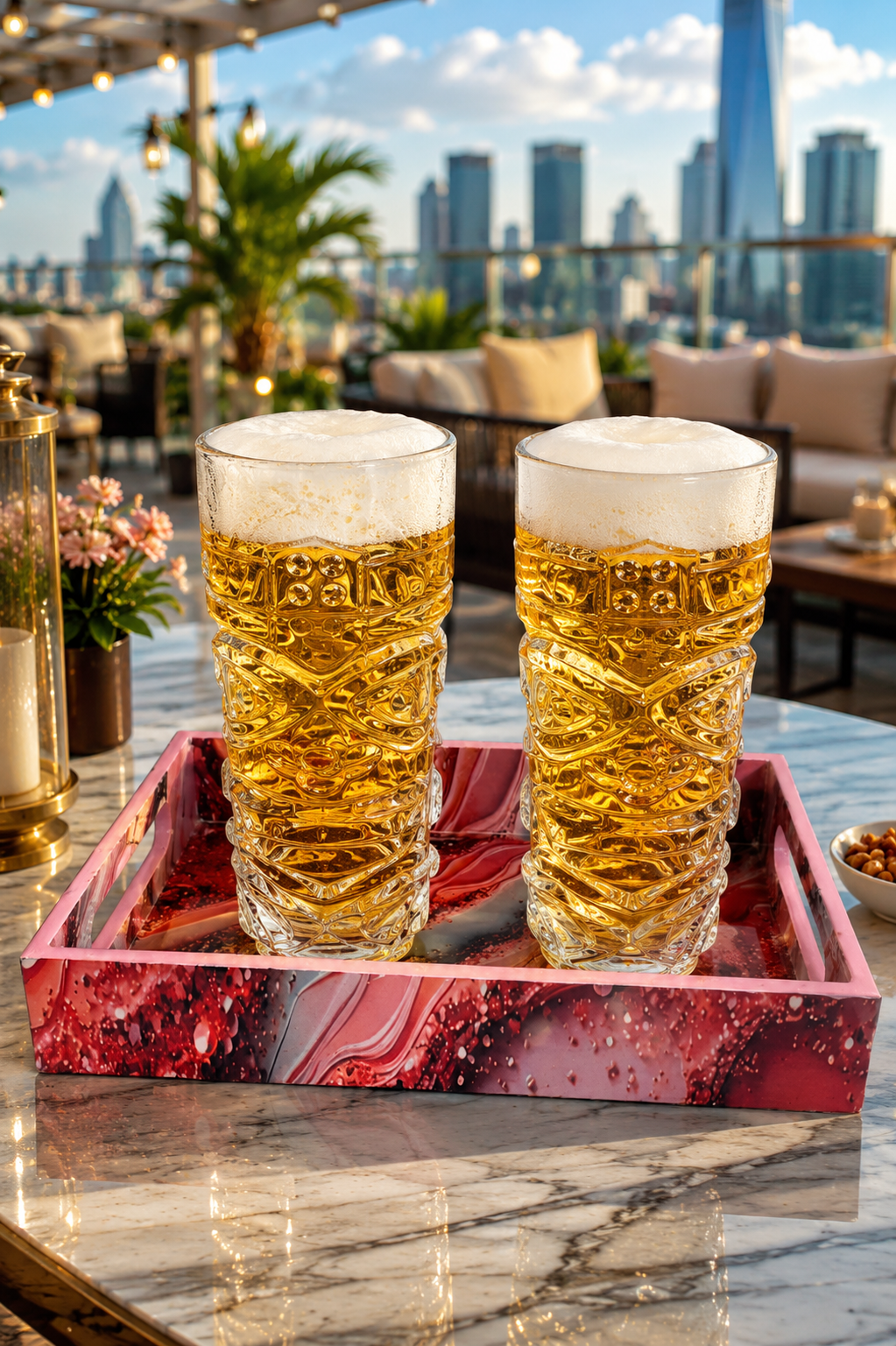 Premium Beer Glass Set with Decorative MDF Serving Tray | 2 Crystal Clear Tall Beer Glasses with Marble Finish Tray | Heavy Drinking Glasses for Beer, Juice, Soft Drinks & Home Bar Gift Set