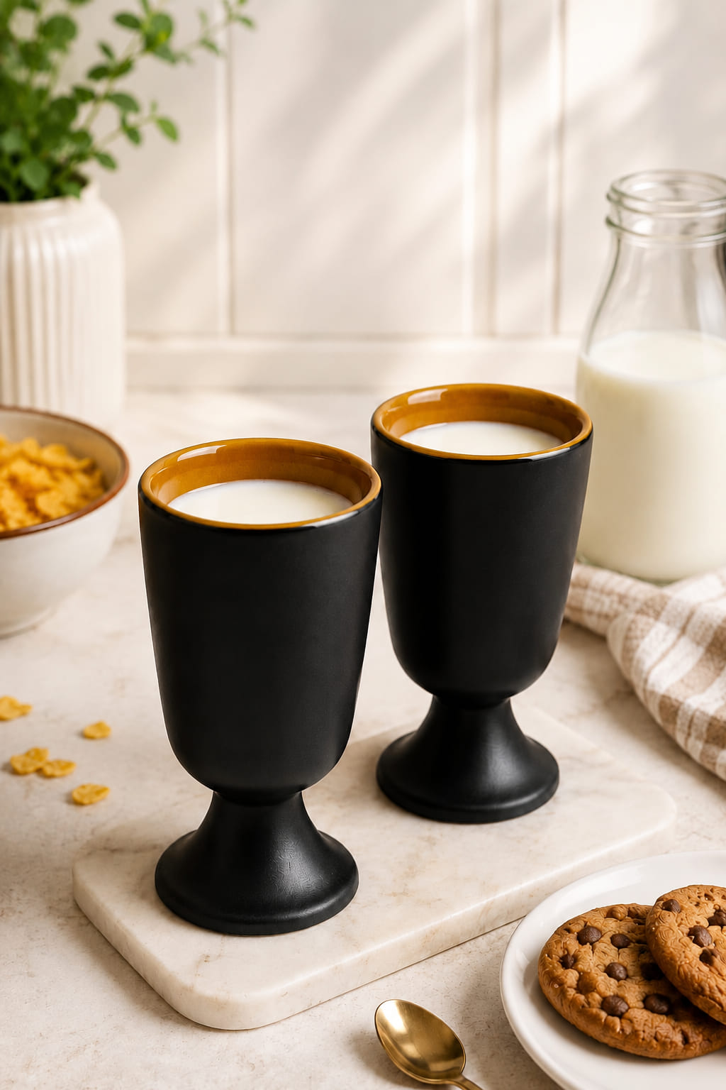 Set of 2 Modern Ceramic Goblet Glasses 250 ml | Matte Black Stemmed Drinking Cups with Glossy Brown Interior | Premium Ceramic Cups for Coffee Tea Milk Hot Chocolate Juice & Cold Beverages