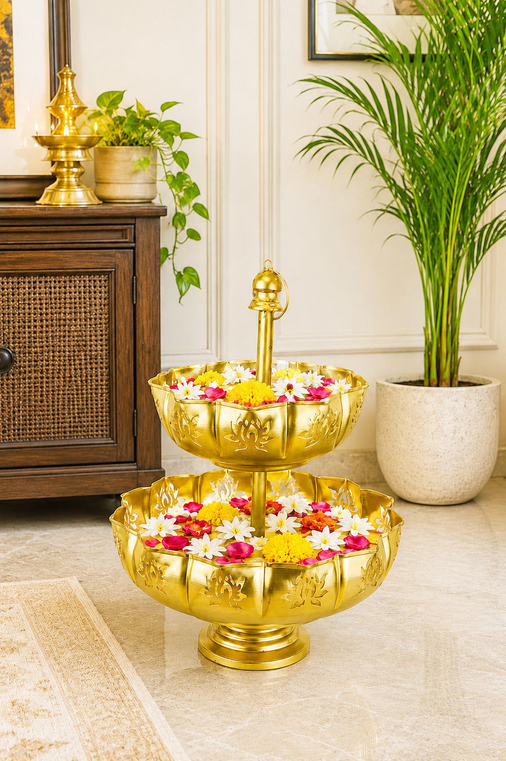Premium Dual Layer Metal Urli Bowl | 2-Tier Decorative Floating Flower Urli for Water, Candles & Tea Lights | Traditional Pooja Urli for Diwali, Wedding, Home & Festive Decoration