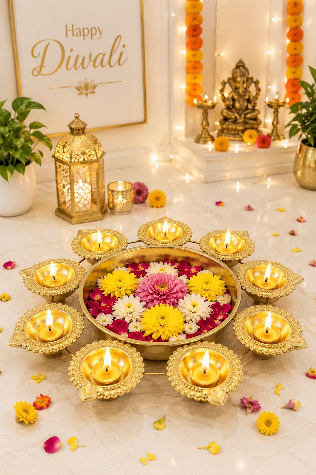Premium Iron Urli with 8 Diya Holders | Decorative Metal Floating Flower Bowl for Water, Candles & Rangoli | Traditional Urli for Diwali, Pooja, Wedding, Festivals & Home Decoration