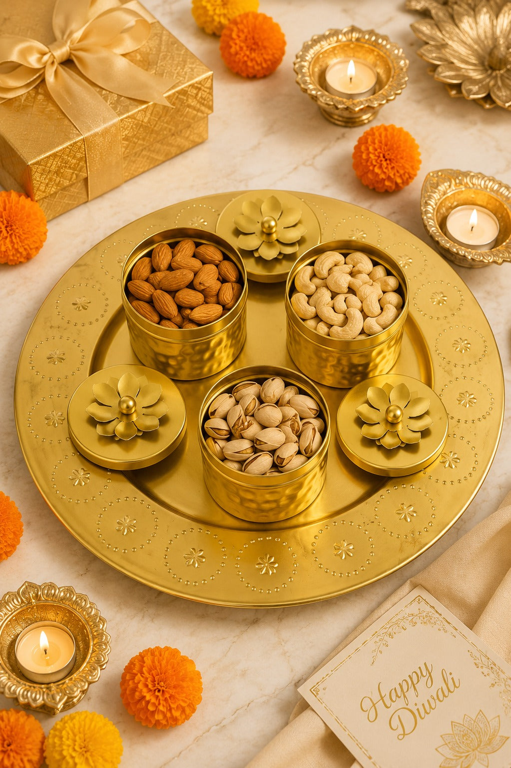 Premium Metal Dry Fruit Serving Tray Set with 3 Floral Containers | Decorative Round Platter for Dry Fruits, Sweets, Chocolates & Mukhwas | Luxury Festive Gift Hamper Tray for Diwali, Weddings & Home Décor