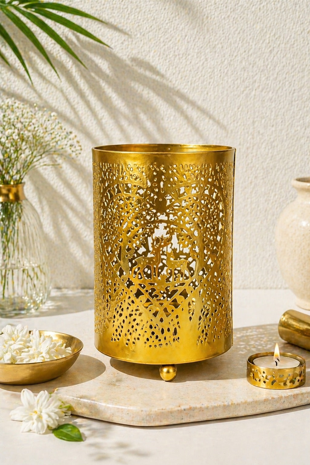 Premium Gold Metal Aroma Oil Burner Set with Tea Light Candles & Essential Oil | Designer Cutwork Candle Diffuser | Warm Ambient Fragrance Burner | Elegant Home Décor & Gifting Combo