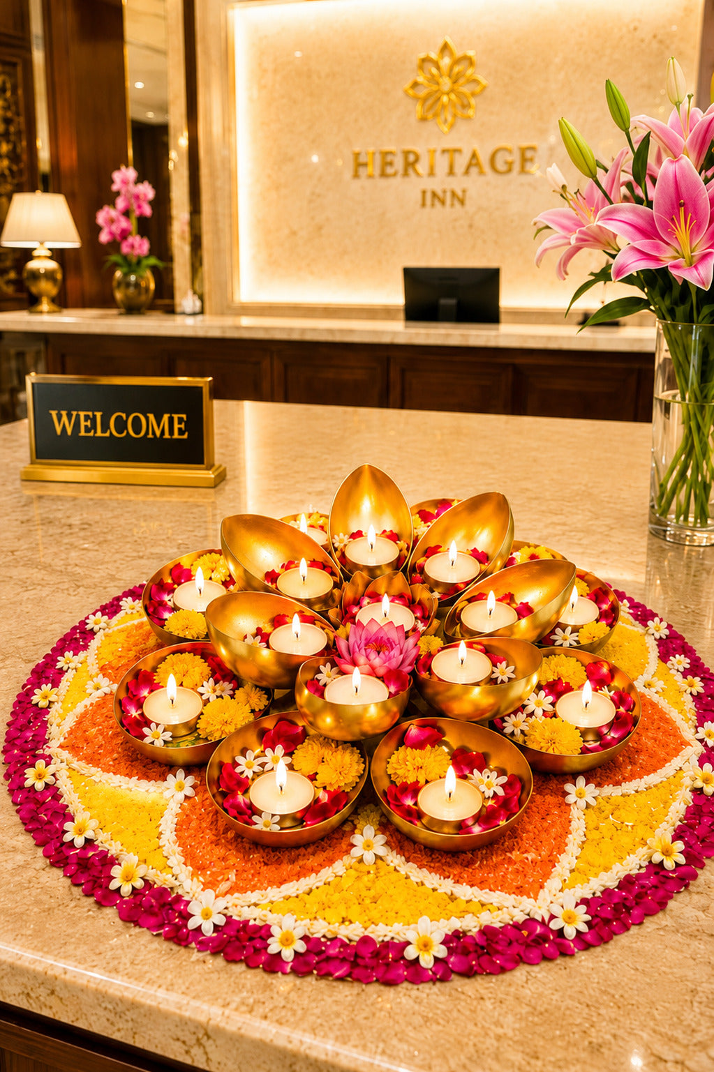 Golden Metal Urli Cum Tealight Holder Set | Decorative Diya & Flower Urli for Festive Home Décor