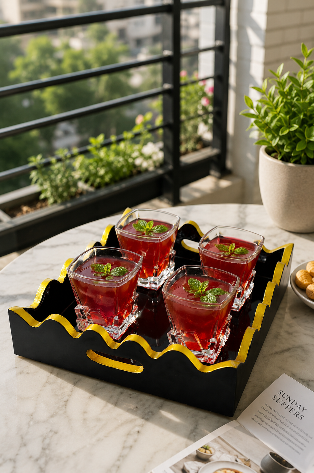 Premium Square Crystal Glass Set with Decorative MDF Serving Tray | 4 Heavy Base Drinking Glasses with Luxury Black & Gold Tray | Whisky, Juice, Water, Cocktails & Gift Set for Home Bar