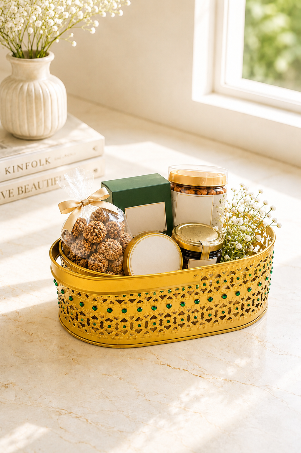Premium Decorative Metal Gift Basket with Handle | Gold Finish Storage Basket | Dry Fruit, Gift Hamper, Fruit Basket, Home Decor & Multipurpose Organizer | 25 x 11.5 x 10 cm