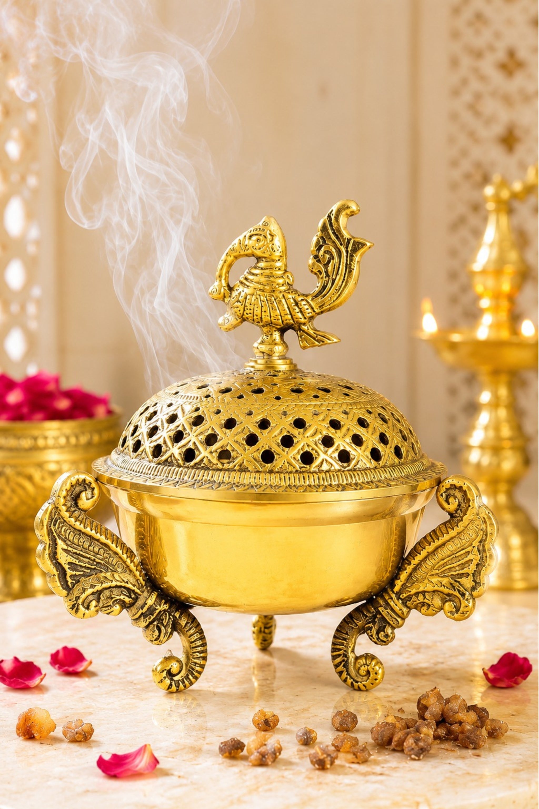 Premium Brass Loban Burner with Peacock Top | Handcrafted Brass Dhoop Dani for Loban, Sambrani Cups, Dhoop, Bakhoor & Resin Incense | Decorative Pooja Dhuni Burner for Home Temple & Meditation