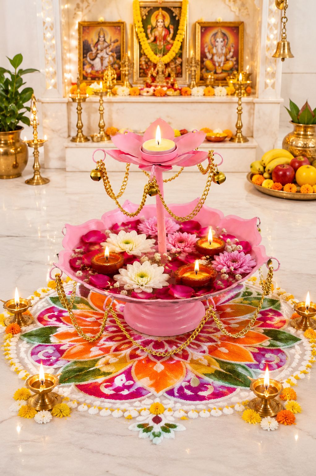 Pink Metal Urli Bowl with Diya Stand & Hanging Chain Design for Floating Flowers & Candles | Decorative Centerpiece for Diwali, Wedding, Home Décor & Festive Gifting