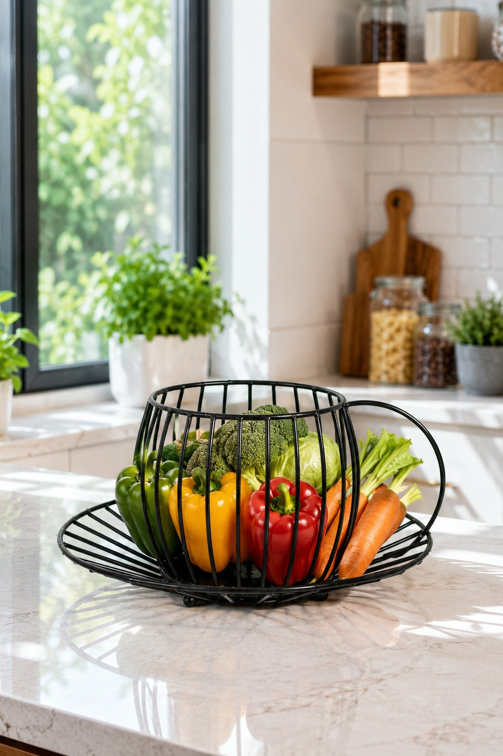 Premium Metal Fruit Basket with Serving Tray & Side Handle | Multipurpose Wire Fruit & Vegetable Storage Basket | Modern Countertop Organizer for Kitchen, Dining, Home & Office