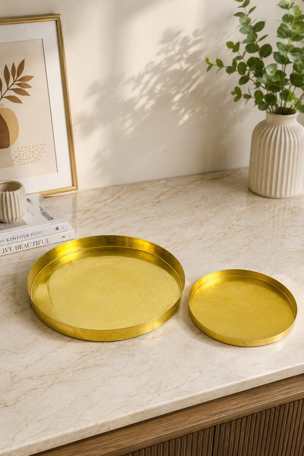 Premium Brass Metal Tray Set of 2 | Round Multipurpose Serving, Pooja & Decorative Trays | Large & Small Brass Finish Trays for Kitchen, Home Décor & Gifting