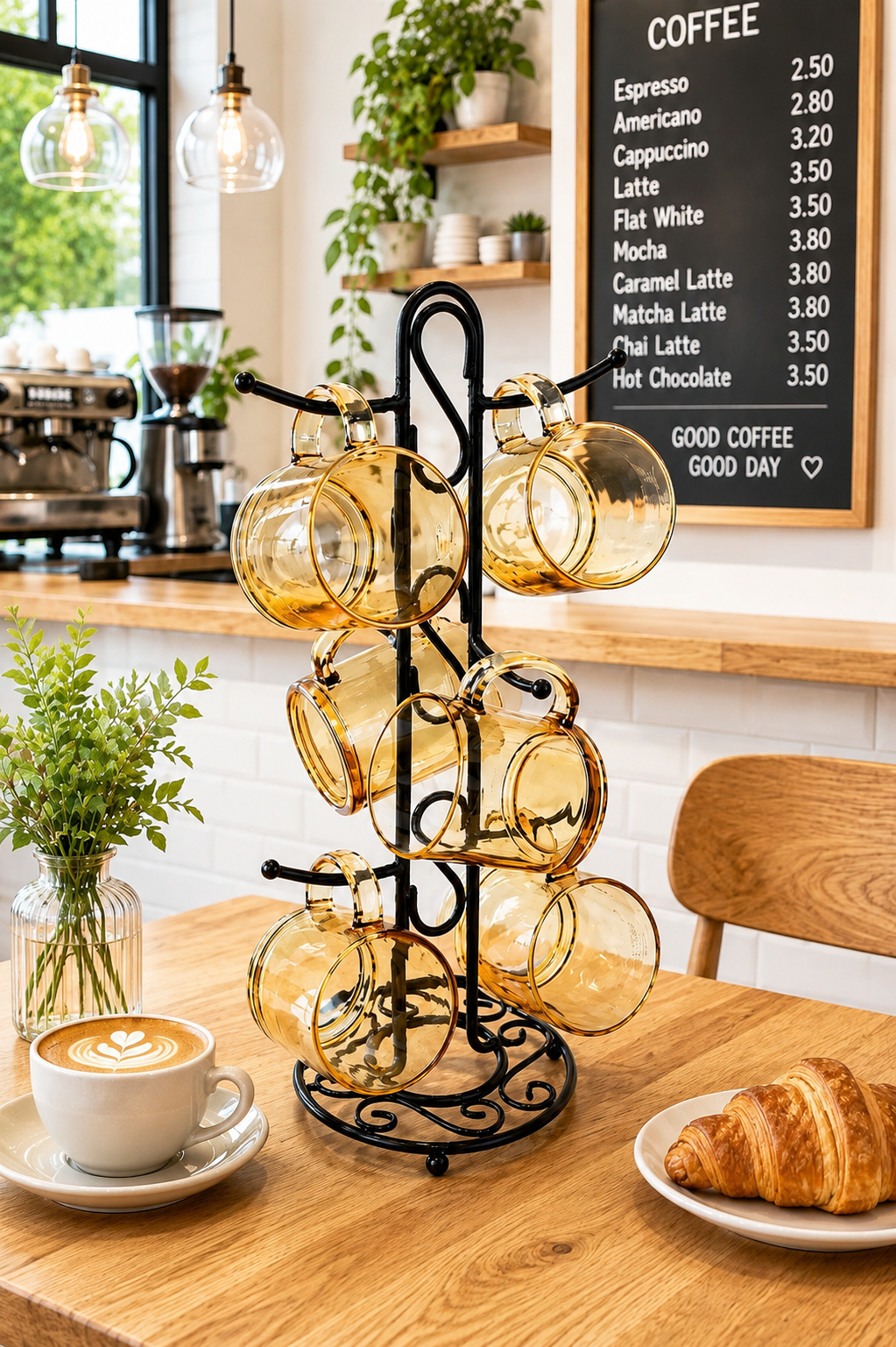 Premium Amber Glass Cup Set with Metal Stand | 6 Pcs Transparent Tea & Coffee Cups (300 ml) | Elegant Glassware with Space-Saving Holder | Durable Designer Drinkware for Home, Kitchen & Gifting