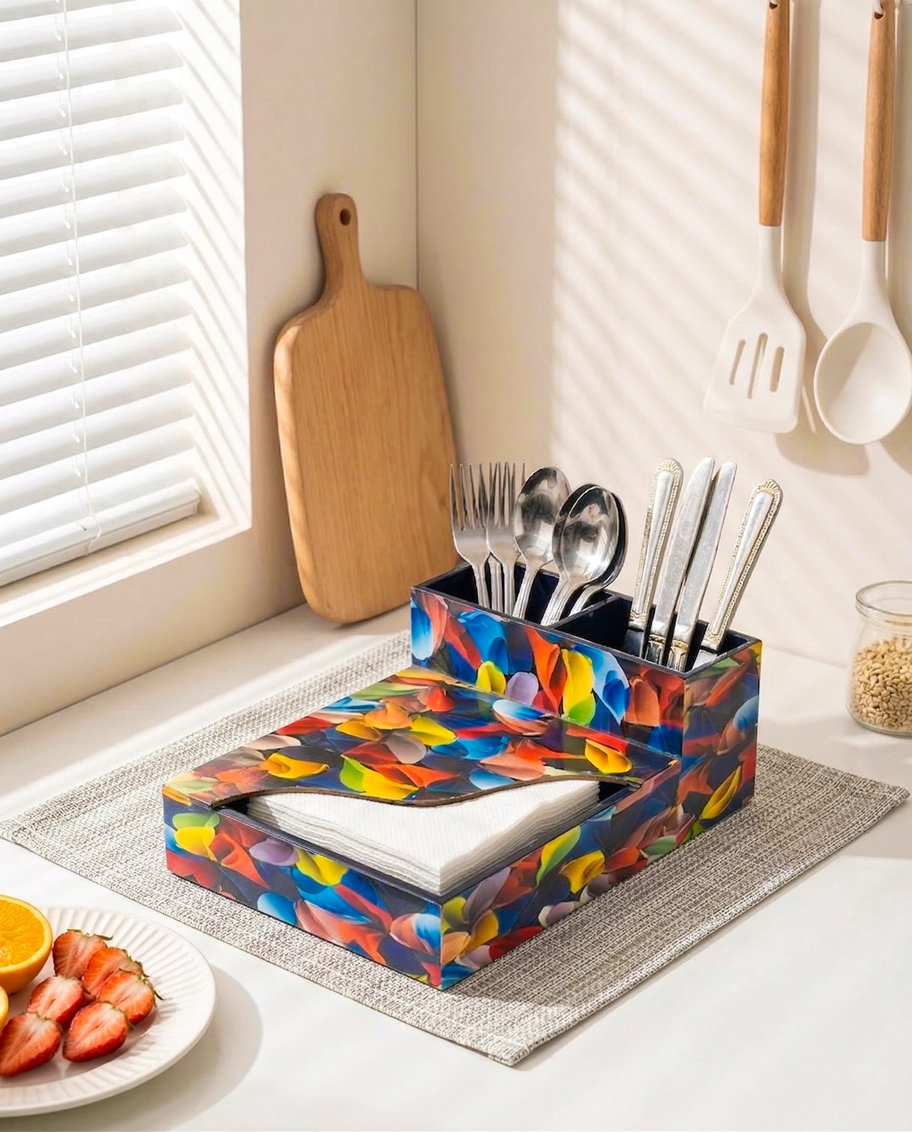 Premium MDF Cutlery & Napkin Holder | Flower Petals Printed Wooden Organizer with Dual Compartments | Multipurpose Spoon Stand for Dining Table, Kitchen & Home Décor