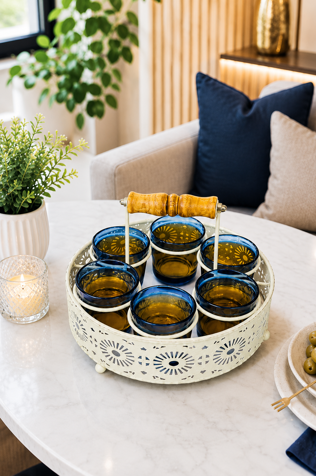 Shot Glasses Set of 6 with Holder | 40 ML Mini Whisky Vodka Shot Glasses with Metal Stand & Wooden Handle | Dhaba Style Serving Set for Home, Bar & Parties